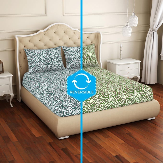 COTTON RICH LARGE BEDSHEET 274 CM X 274 CM 43 CM X 68 CM 150 TC TWILL ORNATE BEDSHEET PILLOW COVERS SET TEALGREY 2IN1