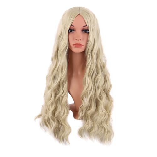 MapofBeauty 28 Inch/70 cm Long Wavy Middle Part with No Bangs Synthetic Fiber Curly Fashion Women Party Cosplay Wig (Blonde) - Image 1