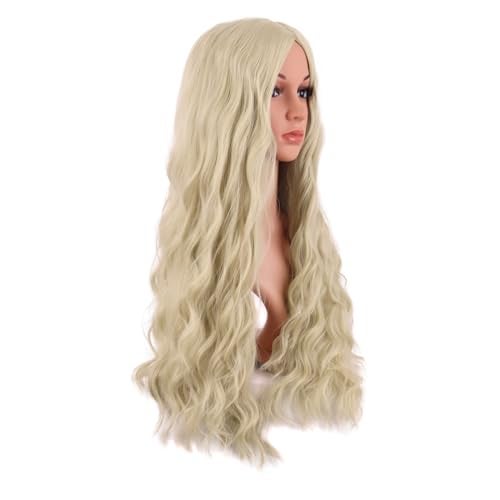 MapofBeauty 28 Inch/70 cm Long Wavy Middle Part with No Bangs Synthetic Fiber Curly Fashion Women Party Cosplay Wig (Blonde) - Image 2
