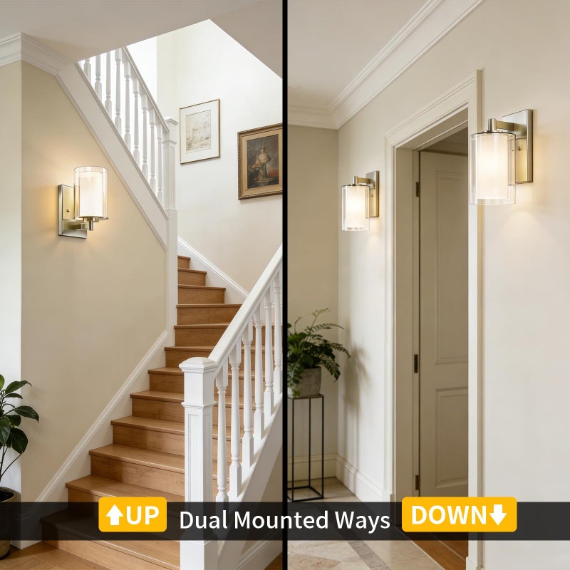 Kalium Wall Sconces Set of Two Modern Vanity Lights with Double Clear Glass Shade Brushed Nickel Indoor Farmhouse Wall Light for Bathroom Living Room Bedroom Mirror Hallway Bulb E26 Base (2PCS) - Image 3