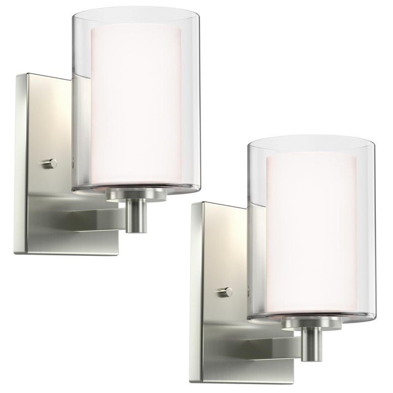 Kalium Wall Sconces Set of Two Modern Vanity Lights with Double Clear Glass Shade Brushed Nickel Indoor Farmhouse Wall Light for Bathroom Living Room Bedroom Mirror Hallway Bulb E26 Base (2PCS) - Image 1