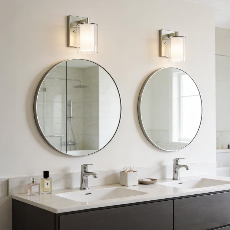 Kalium Wall Sconces Set of Two Modern Vanity Lights with Double Clear Glass Shade Brushed Nickel Indoor Farmhouse Wall Light for Bathroom Living Room Bedroom Mirror Hallway Bulb E26 Base (2PCS) - Image 2