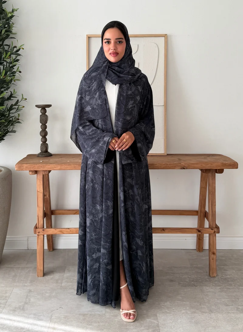 Lusin Abaya Rippled Indian Chiffon Lined Abaya with Veil – Navy