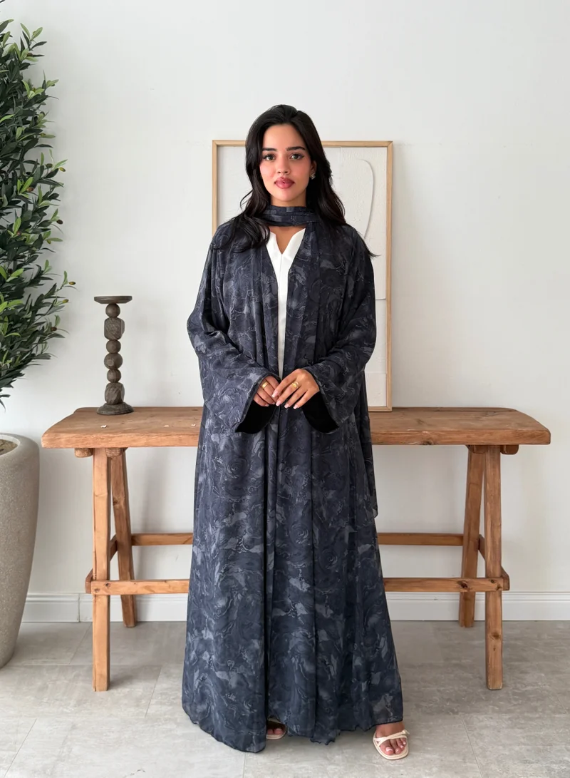 Lusin Abaya Rippled Indian Chiffon Lined Abaya with Veil – Navy