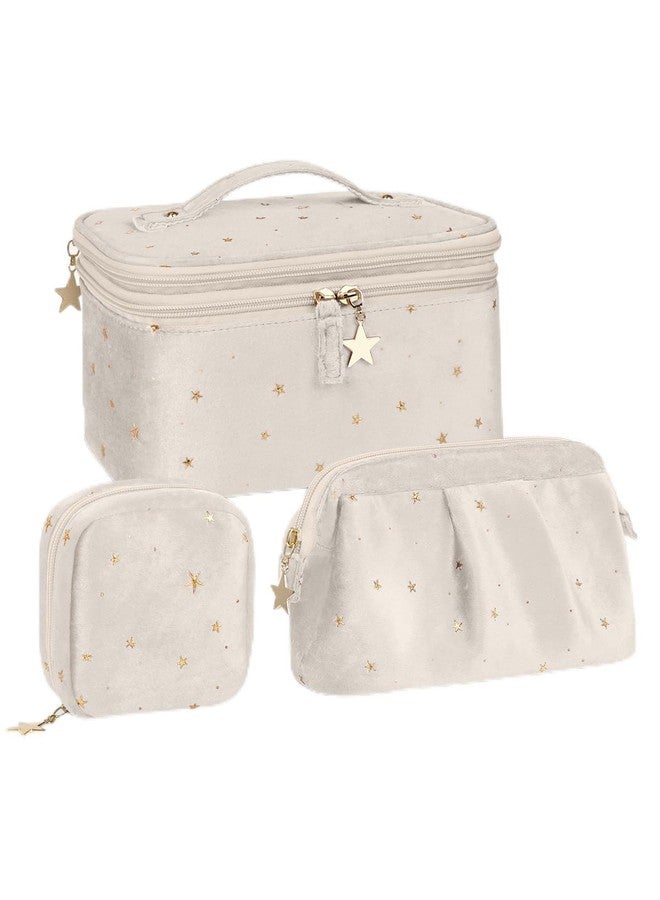 Wedama Makeup Bag, Double-layer Cosmetic Bag with Jewelry Storage and Brush Holders 3 Pcs Velvet Makeup Bag Set Travel Makeup Organizer Bags Portable Cosmetic Case Toiletry Bag for Women Girls, Beige - Image 1