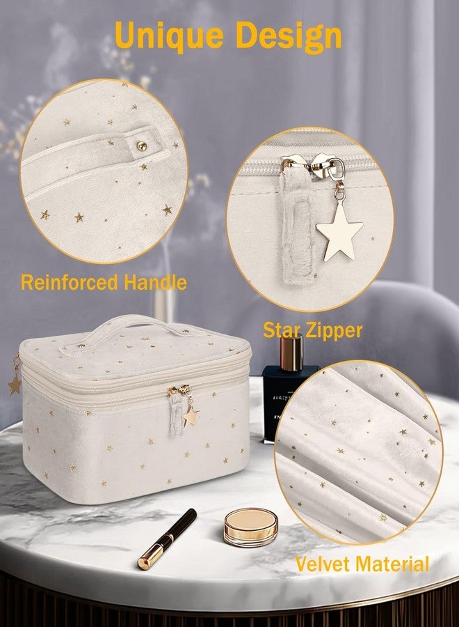 Wedama Makeup Bag, Double-layer Cosmetic Bag with Jewelry Storage and Brush Holders 3 Pcs Velvet Makeup Bag Set Travel Makeup Organizer Bags Portable Cosmetic Case Toiletry Bag for Women Girls, Beige - Image 5