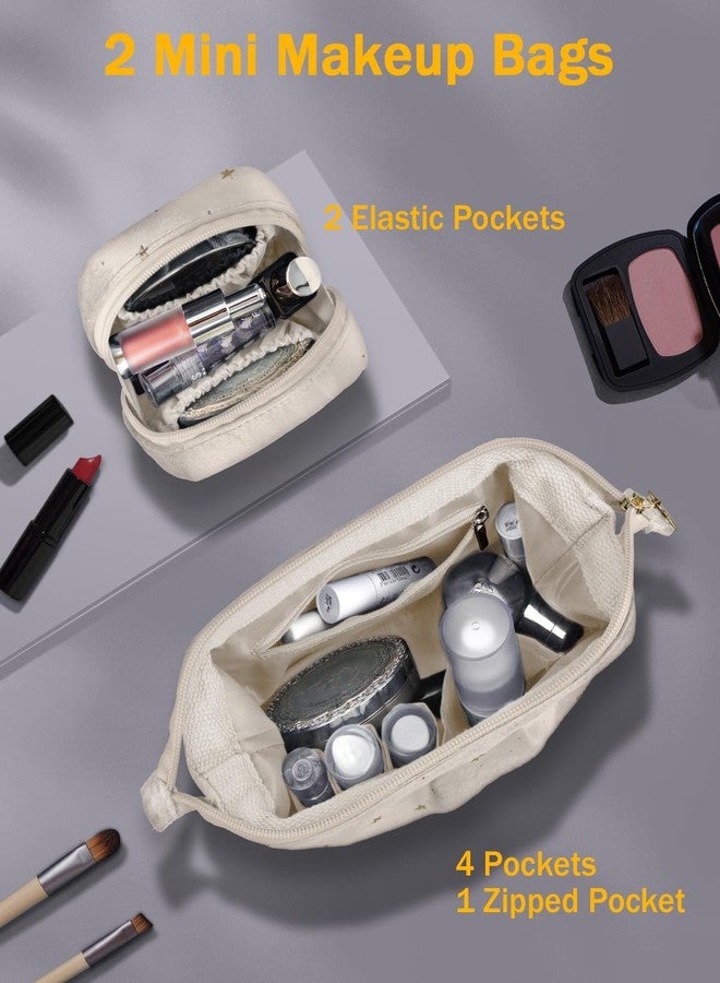 Wedama Makeup Bag, Double-layer Cosmetic Bag with Jewelry Storage and Brush Holders 3 Pcs Velvet Makeup Bag Set Travel Makeup Organizer Bags Portable Cosmetic Case Toiletry Bag for Women Girls, Beige - Image 3
