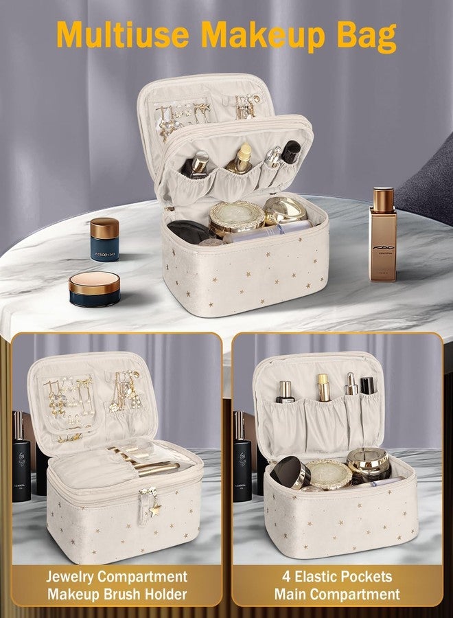 Wedama Makeup Bag, Double-layer Cosmetic Bag with Jewelry Storage and Brush Holders 3 Pcs Velvet Makeup Bag Set Travel Makeup Organizer Bags Portable Cosmetic Case Toiletry Bag for Women Girls, Beige - Image 2