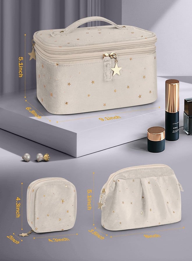 Wedama Makeup Bag, Double-layer Cosmetic Bag with Jewelry Storage and Brush Holders 3 Pcs Velvet Makeup Bag Set Travel Makeup Organizer Bags Portable Cosmetic Case Toiletry Bag for Women Girls, Beige - Image 4