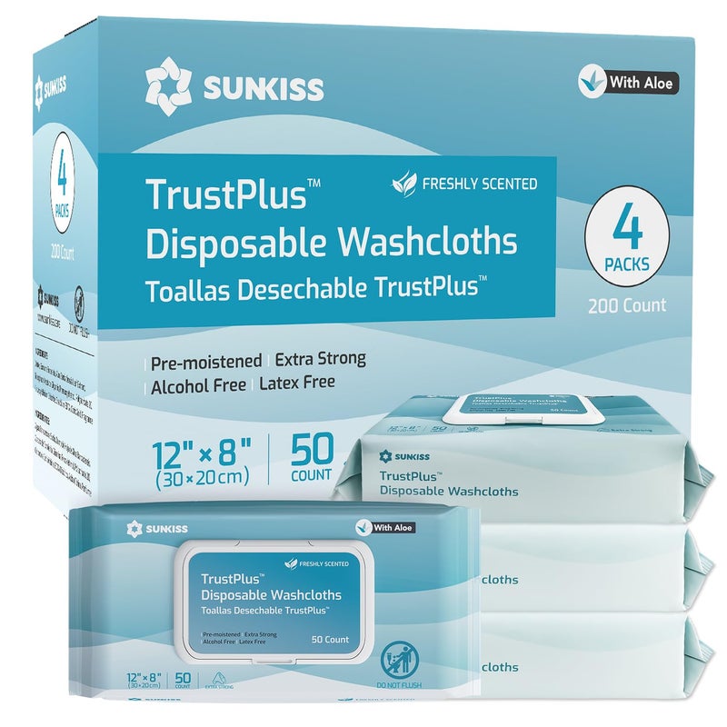 SUNKISS Trustplus Wet Wipes for Adult No Rinse, Extra Large 8â€x12â€ Body Cleaning Washcloths for Elderly Incontinence & Cleansing, Fresh Scented, 200 Count (4 Packs of 50) - Image 1