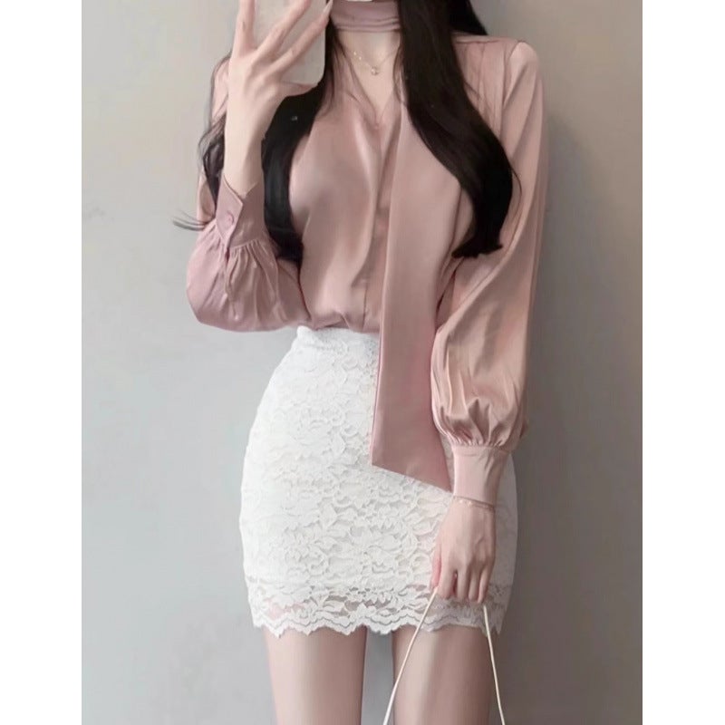 Light Mature Style Dress Lace-up Shirt Pure Desire Gold Secretary Strap Long Sleeve Top Lace Hip Skirt Two-piece Set Skirt [huaduoduo selection]