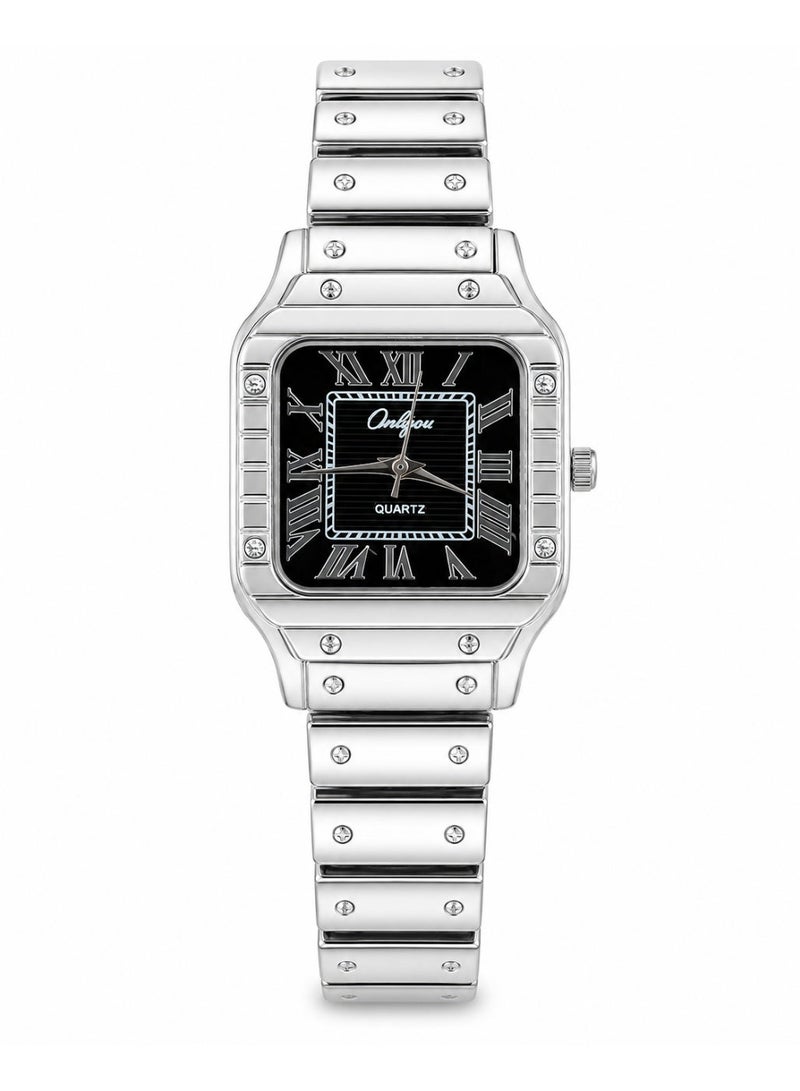 Onlyou Women's Quartz Wrist Watch – Silver Stainless Steel Strap – Rectangular Design – Suitable for Daily Use - Image 1