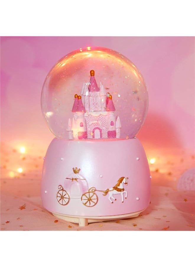 erorex Castle Snow Globe Music Box Cartoon Crystal Ball With Color Changing Led Lights Kids Music Box Light Up Snow Globe Tabletop Ornaments Home Decor For Women Kids Girls Mom Birthday Gift Pinks  - Image 4