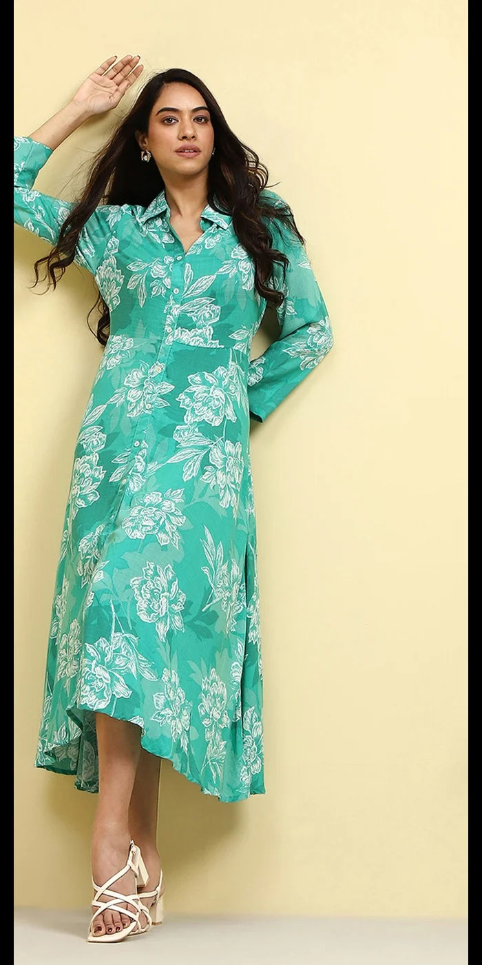 Biba Cyan Blue Floral Printed Shirt Style A-line Dress