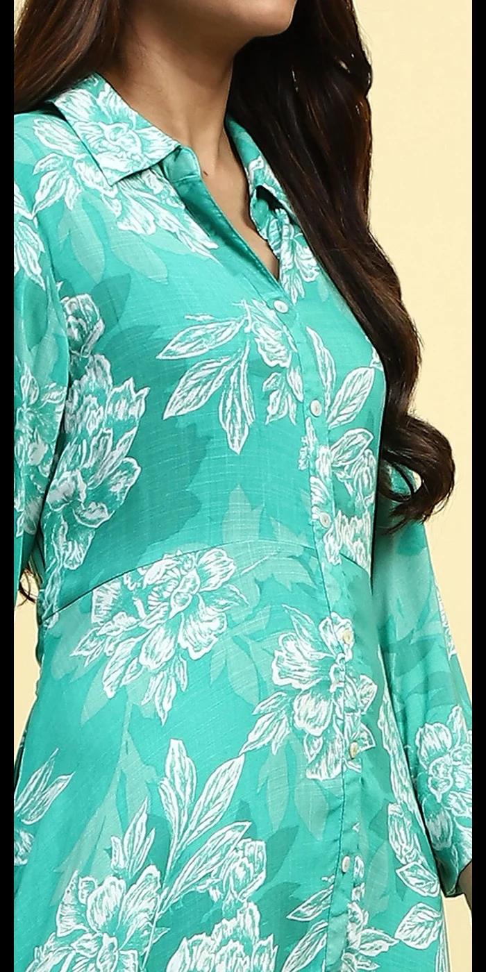 Biba Cyan Blue Floral Printed Shirt Style A-line Dress