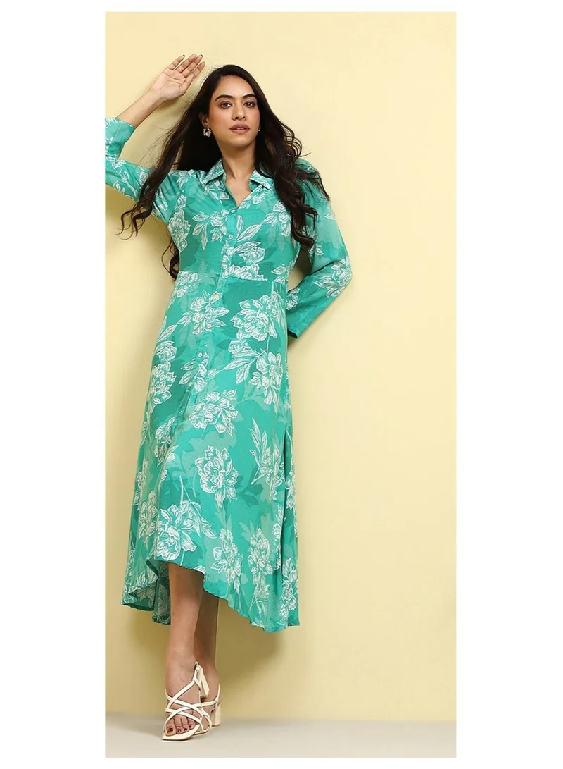 Biba Cyan Blue Floral Printed Shirt Style A-line Dress
