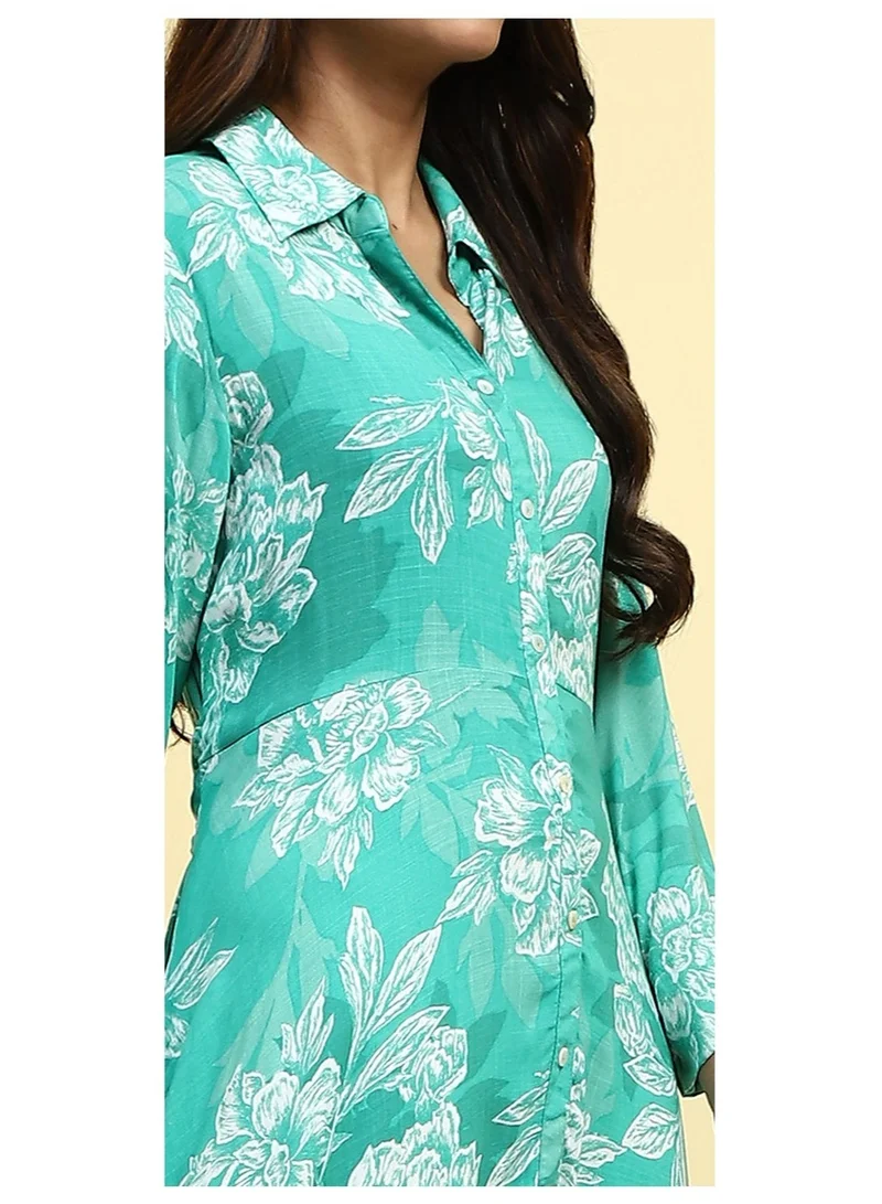 Biba Cyan Blue Floral Printed Shirt Style A-line Dress
