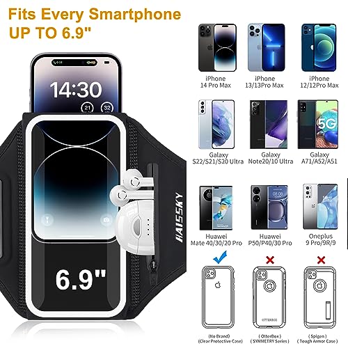 HAISSKY Running Armband with Earphone Bag Cell Phone Armband for iPhone 16 15 Pro 14 Plus 13 11 XR XS, Galaxy S24/S10 Water Resistant Sports Phone Holder Case & Zipper Slot Car Key Holder for 6.9 inch Phone - Image 3