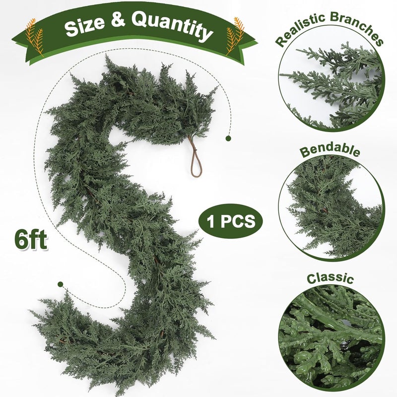 Jutom 1 PCS 6 ft Christmas Cedar Garland - Artificial Realistic Holiday Cedar Pine Needles Greenery Garland Decoration for Mantel Table Winter Party - Image 2