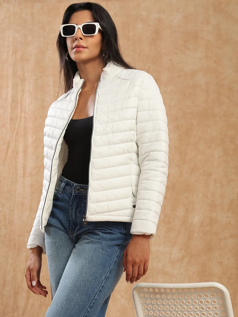Globus Women White Mock Neck Front Zip 2 Pockets Winter Wear Insulator Puffer Jacket
