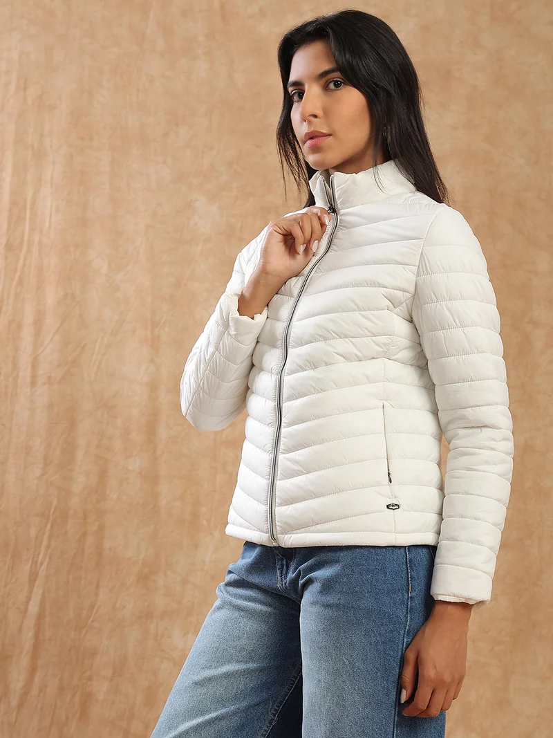 globus Globus Women White Mock Neck Front Zip 2 Pockets Winter Wear Insulator Puffer Jacket
