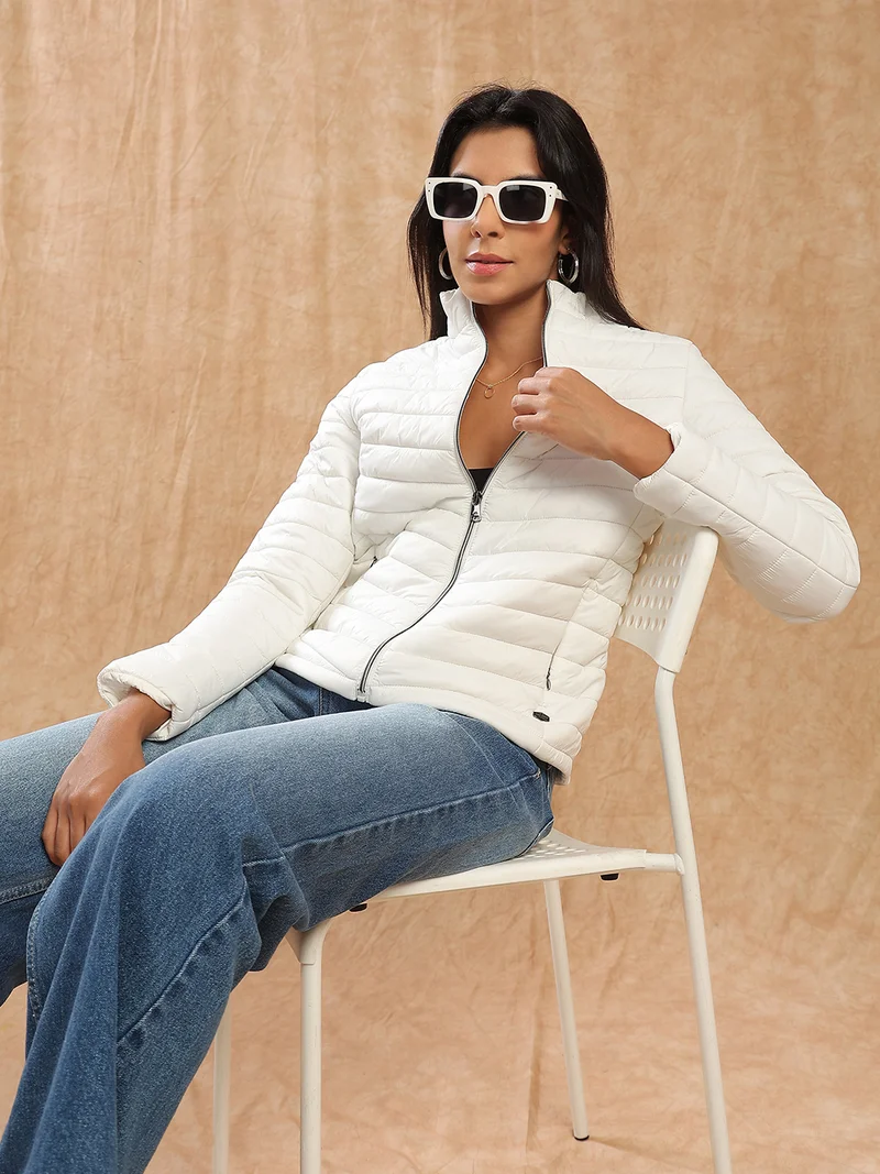 globus Globus Women White Mock Neck Front Zip 2 Pockets Winter Wear Insulator Puffer Jacket