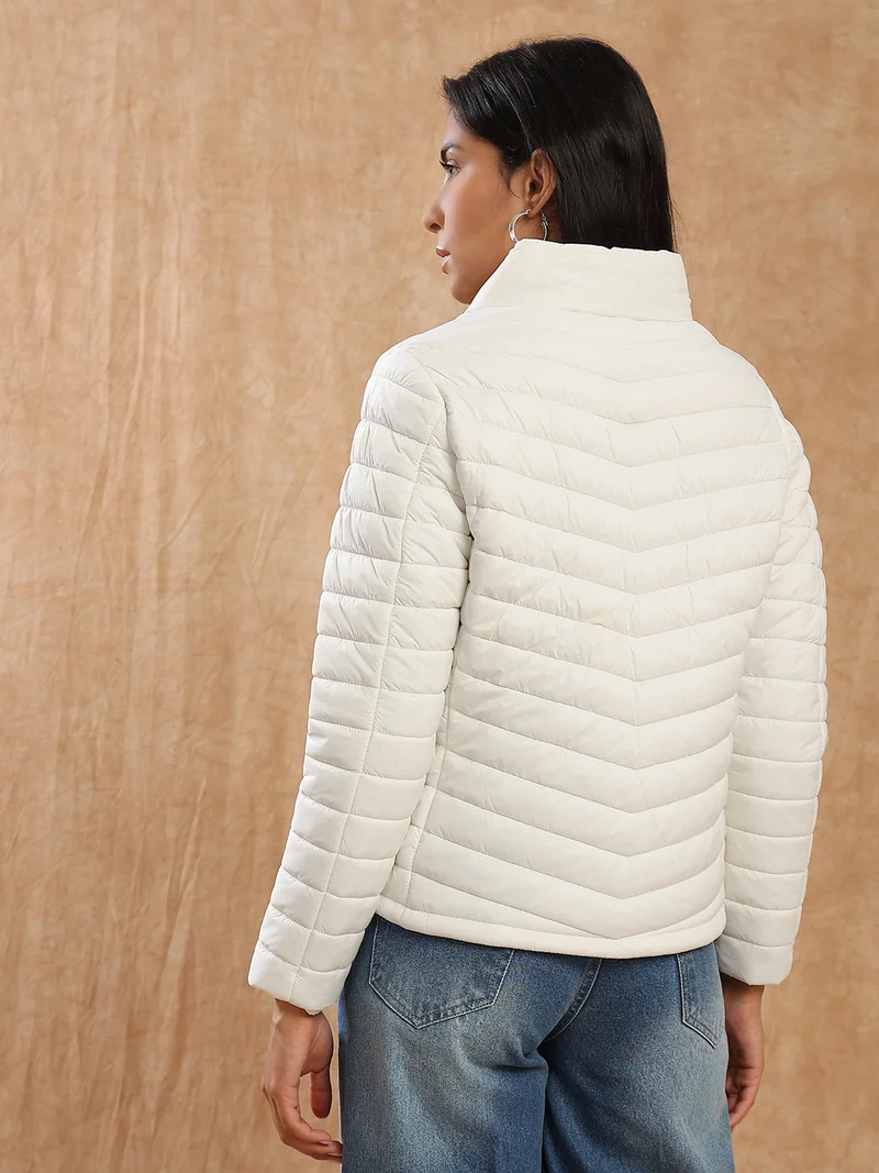 globus Globus Women White Mock Neck Front Zip 2 Pockets Winter Wear Insulator Puffer Jacket
