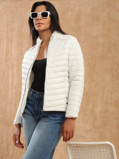 globus Globus Women White Mock Neck Front Zip 2 Pockets Winter Wear Insulator Puffer Jacket