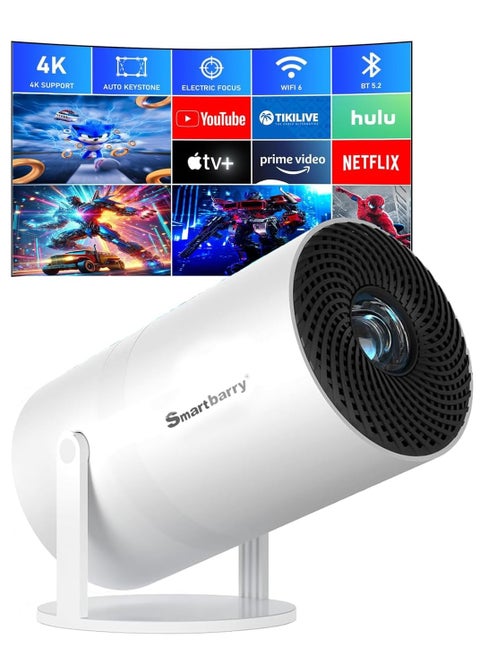 Smartbarry 4K 1080P Mini Projector with WiFi & Bluetooth Portable Premium Android OS Projector, 210° Rotatable Stand, 8000+ Built-in Apps, Dust Removal & Heat Dissipation Design