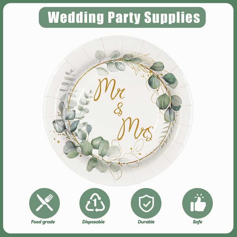 BOKFJBP 50pcs Wedding Paper Plates-Mr & Mrs Bridal Shower Engagement Plates 7IN Disposable Paper Plates Dinner Dessert Green Plates Dinnerware for Wedding Engagement Bridal Shower Bachelorette Party Supplies - Image 3