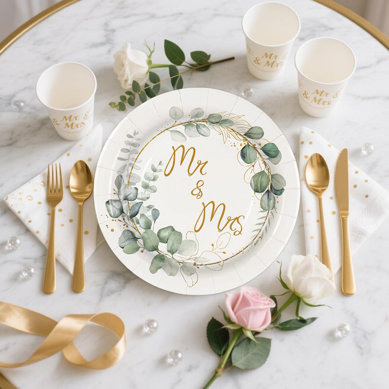 BOKFJBP 50pcs Wedding Paper Plates-Mr & Mrs Bridal Shower Engagement Plates 7IN Disposable Paper Plates Dinner Dessert Green Plates Dinnerware for Wedding Engagement Bridal Shower Bachelorette Party Supplies - Image 4