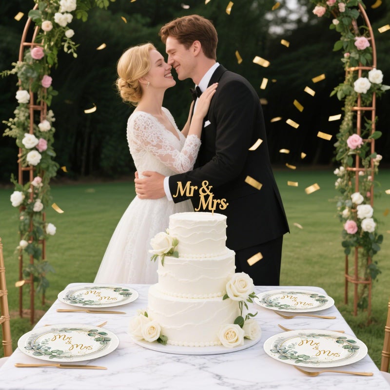 BOKFJBP 50pcs Wedding Paper Plates-Mr & Mrs Bridal Shower Engagement Plates 7IN Disposable Paper Plates Dinner Dessert Green Plates Dinnerware for Wedding Engagement Bridal Shower Bachelorette Party Supplies - Image 5