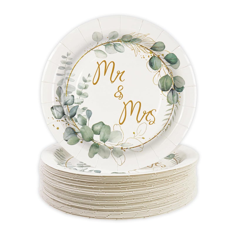 BOKFJBP 50pcs Wedding Paper Plates-Mr & Mrs Bridal Shower Engagement Plates 7IN Disposable Paper Plates Dinner Dessert Green Plates Dinnerware for Wedding Engagement Bridal Shower Bachelorette Party Supplies - Image 1