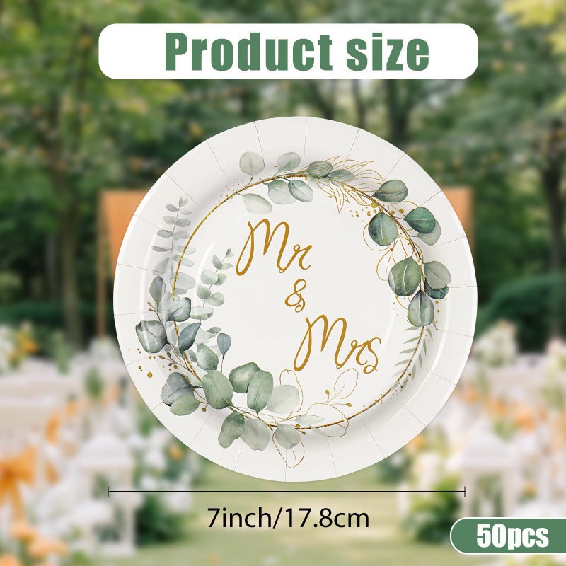 BOKFJBP 50pcs Wedding Paper Plates-Mr & Mrs Bridal Shower Engagement Plates 7IN Disposable Paper Plates Dinner Dessert Green Plates Dinnerware for Wedding Engagement Bridal Shower Bachelorette Party Supplies - Image 2