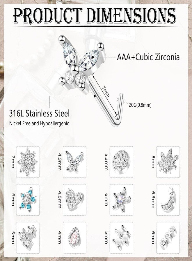 ONESING 12Pcs 20G Nose Rings StudsStainless Steel Nose Stud L Shaped with Flower Butterfly Moon Nose Rings Stud Body Piercing Jewelry for Women Men - Image 2