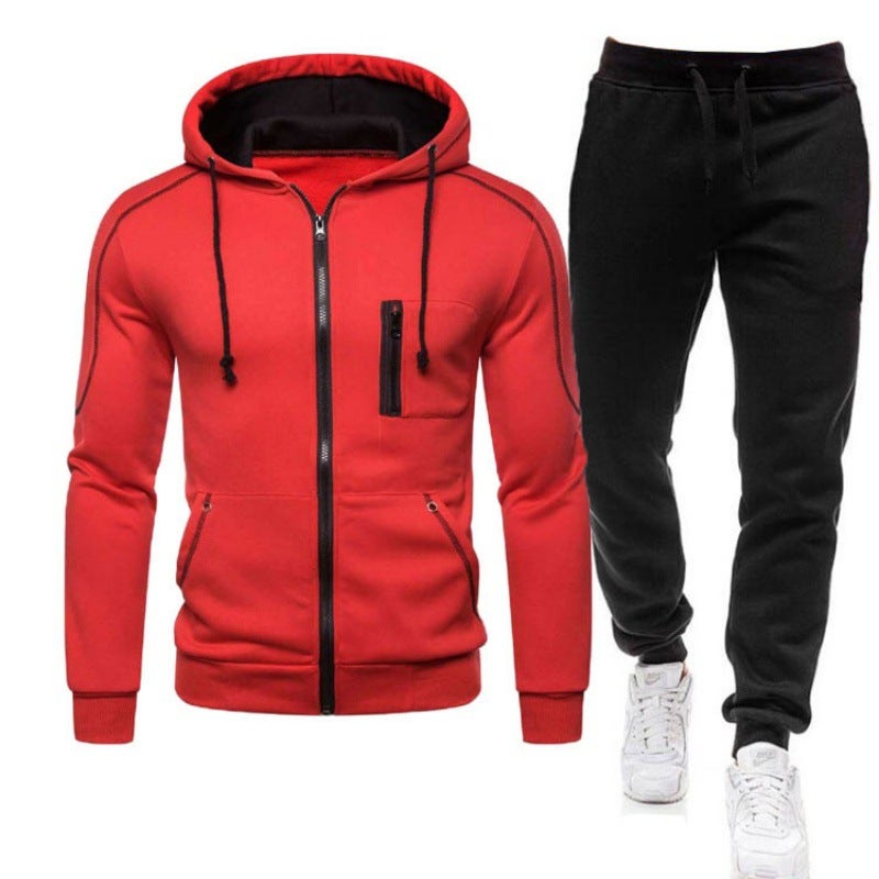 2023 cross-border new cardigan zipper hooded sweater suit digital leisure sports solid color European and American mens sweatpants Red 