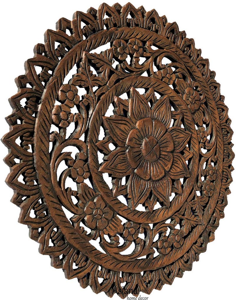 Asiana Home Decor Medallion Tropical Bali Floral Wood Carved Wall Art Plaque Round Lotus Flower Rustic Home Decor 24 Brown 