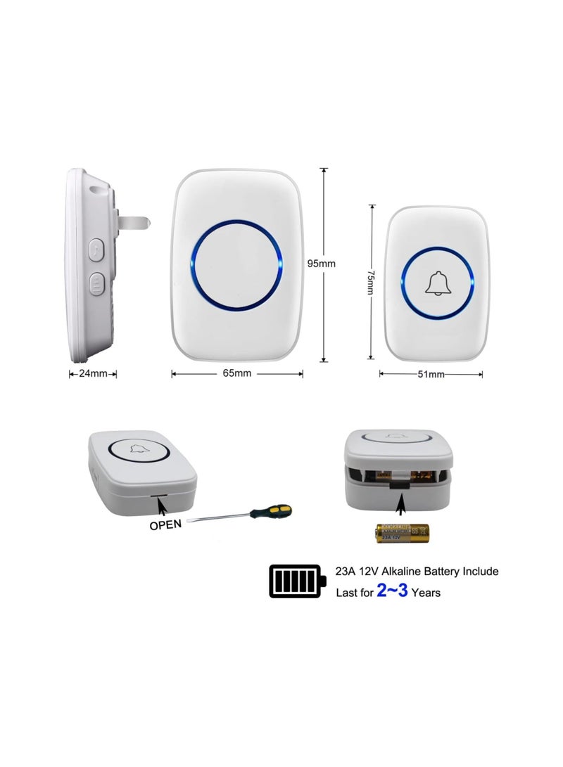 Wireless Doorbell, Waterproof Door Bell Kit, Distinguish front and rear doors, Over 1000 feet Range,60 Chime, 5 Levels Volume, LED Flash, for Home Office Classroom(White British Standard Plug) - Image 4