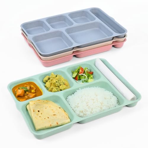 Eha Earth Friendly 6 Partition Plates | Set of 4 | 14 inch | Made with Rice Husk | Breakfast Plates | Lunch Plates | Unbreakable Dinner Plates Set | Microwave Safe | Multicolor - Image 1