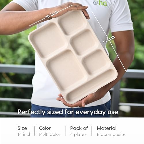 Eha Earth Friendly 6 Partition Plates | Set of 4 | 14 inch | Made with Rice Husk | Breakfast Plates | Lunch Plates | Unbreakable Dinner Plates Set | Microwave Safe | Multicolor - Image 2