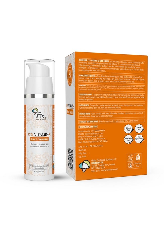 FIXDERMA 17% Vitamin C Face Serum For Glowing Skin Retinol Face Serum Skin Brightening Vit C Serum For Women And Men Anti Aging Night Face Serum Niacinamide Serum 30G  - Image 3