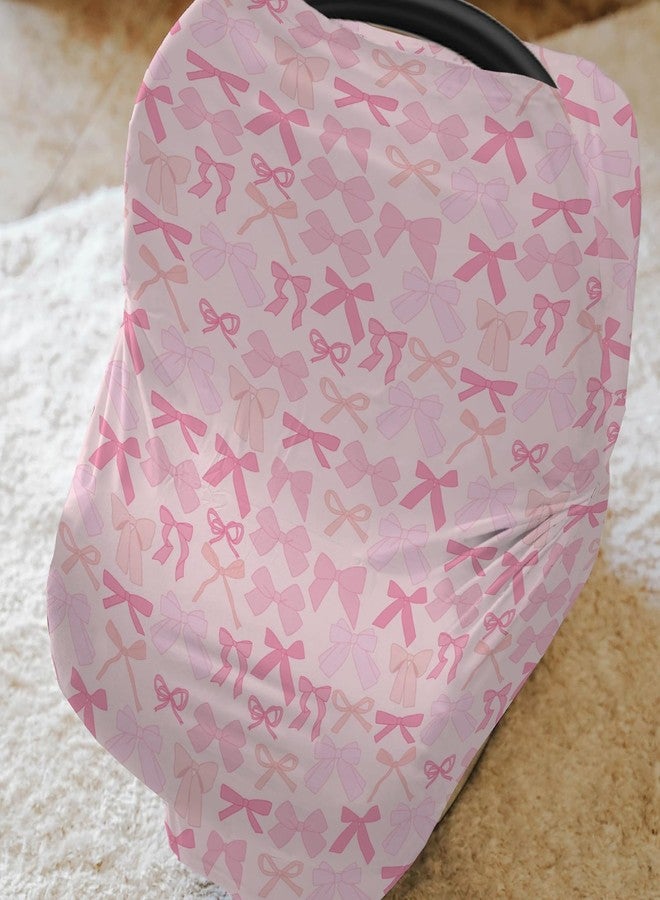 ZoUbqchY Girl Pink Bows Car Seat Covers for Baby Valentine Bows Stretchy 5-in-1 Cover Adjustable Infant Carseat Canopy Cover Spring Pink Ribbons Breathable Nursing Cover-Up - Image 2
