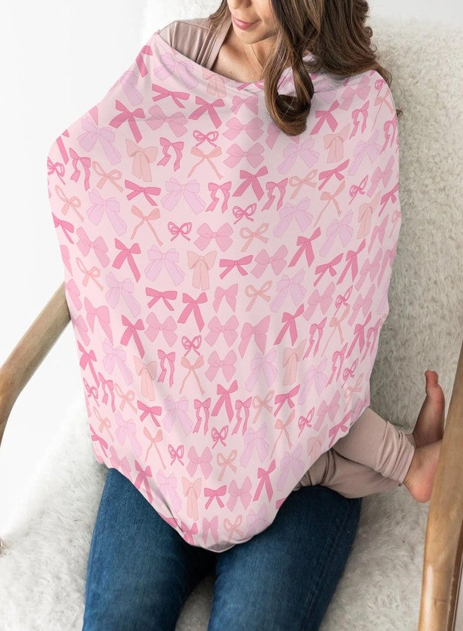 ZoUbqchY Girl Pink Bows Car Seat Covers for Baby Valentine Bows Stretchy 5-in-1 Cover Adjustable Infant Carseat Canopy Cover Spring Pink Ribbons Breathable Nursing Cover-Up - Image 3