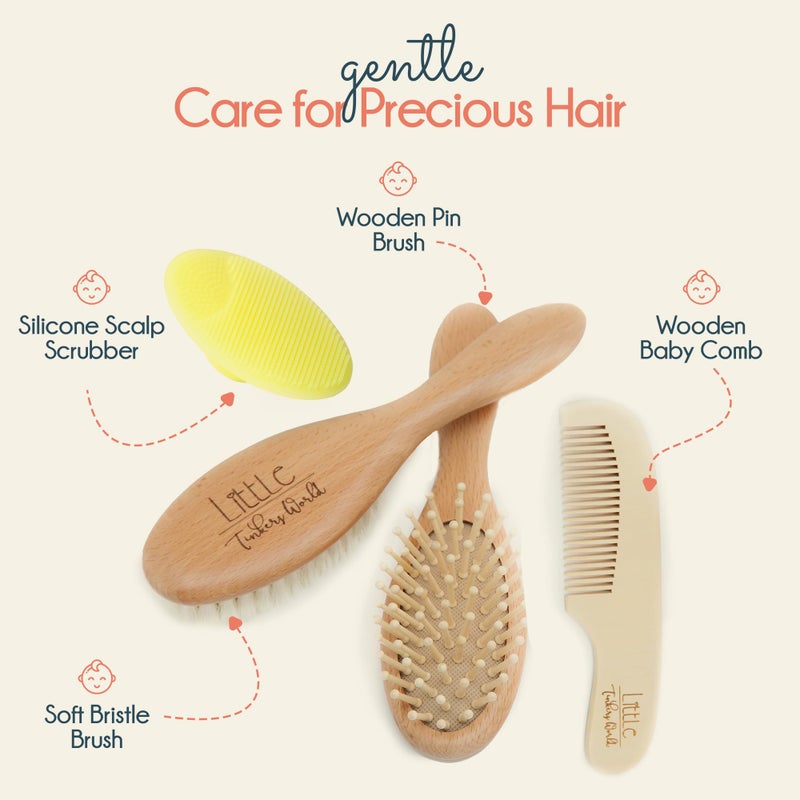 Little Tinkers World Baby Hair Brush and Comb Set for Newborn Wooden 4 Piece Soft Goat Hair Bristles, and Comb Set for Newborn Girl Boy and Toddler Soft Cradle Cap New Born Infant Hair Brushes Perfect Baby Registry Gift - Image 3