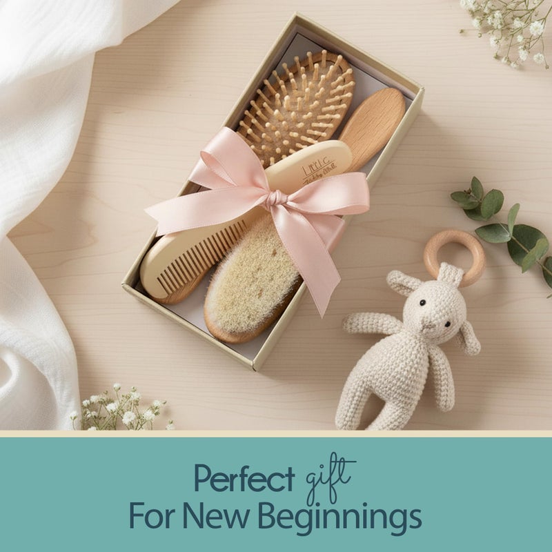 Little Tinkers World Baby Hair Brush and Comb Set for Newborn Wooden 4 Piece Soft Goat Hair Bristles, and Comb Set for Newborn Girl Boy and Toddler Soft Cradle Cap New Born Infant Hair Brushes Perfect Baby Registry Gift - Image 2