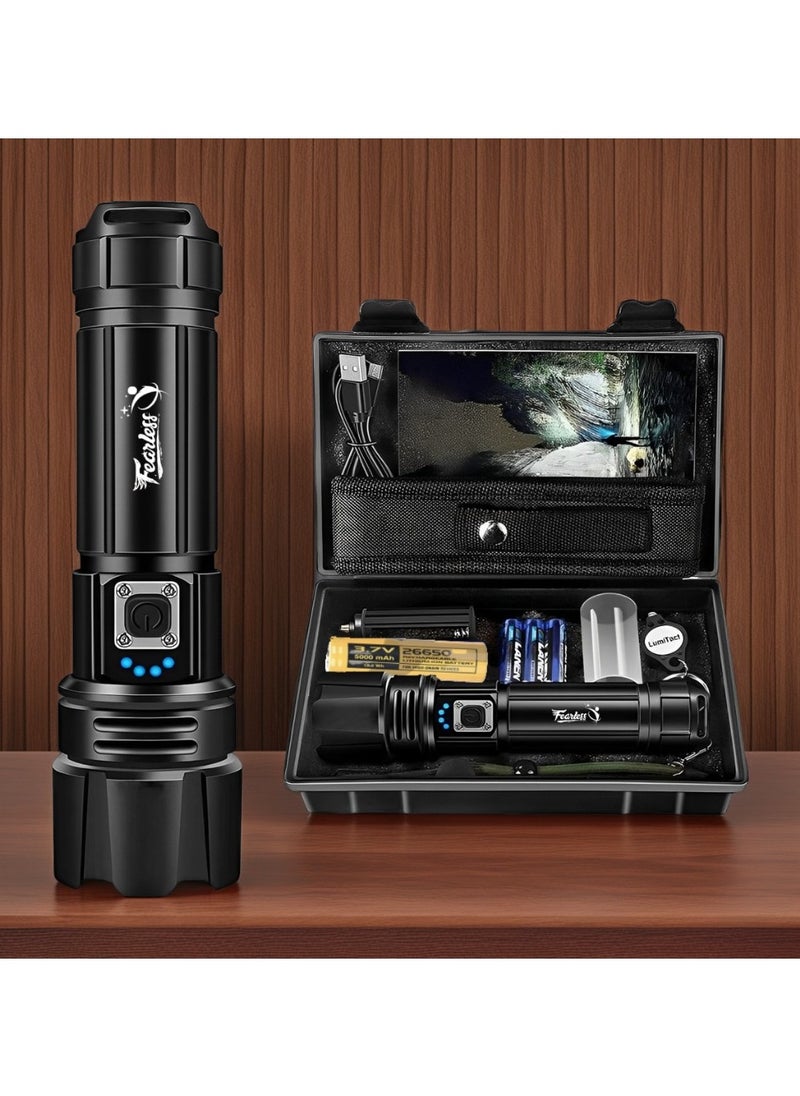 Fearlex - Rechargeable Flashlight Led | 15000 lumens Torch Light with XHP70.2 Chip | IP67 Waterproof & Zoomable Flashlight | Tactical Flashlight with 5 Lighting modes for Camping & Hiking with 5000 mAh Battery - Image 1