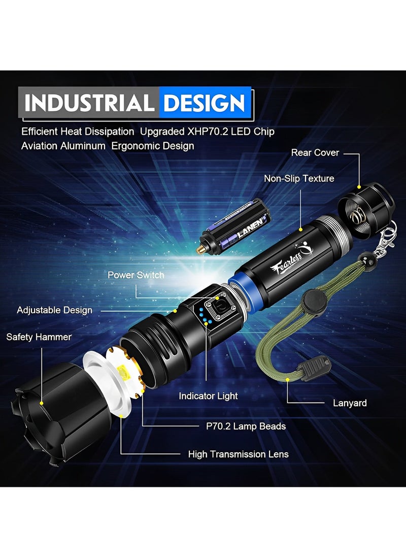 Fearlex - Rechargeable Flashlight Led | 15000 lumens Torch Light with XHP70.2 Chip | IP67 Waterproof & Zoomable Flashlight | Tactical Flashlight with 5 Lighting modes for Camping & Hiking with 5000 mAh Battery - Image 1