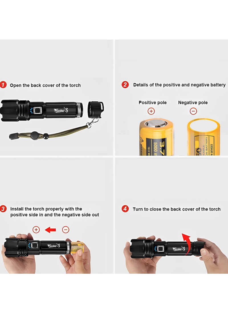 Fearlex - Rechargeable Flashlight Led | 15000 lumens Torch Light with XHP70.2 Chip | IP67 Waterproof & Zoomable Flashlight | Tactical Flashlight with 5 Lighting modes for Camping & Hiking with 5000 mAh Battery - Image 1