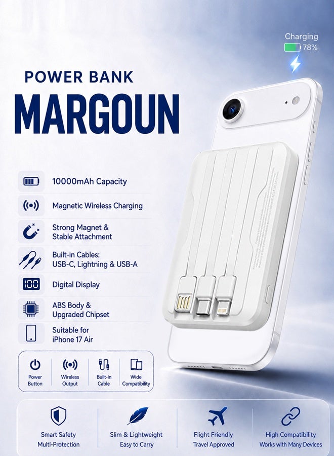 Magnetic Power Bank 10000mAh for iPhone 17 Air – MagSafe Compatible Portable Wireless Charger with Built-in Cables Type-C, Lightning, USB white