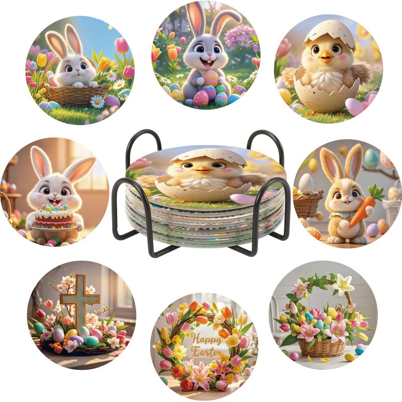 UPINS 8 Pieces Easter Diamond Art Coasters,Bunnies Diamond Art Coaster for Adults Diamond Kits Supplies for Spring Easter Gift - Image 1